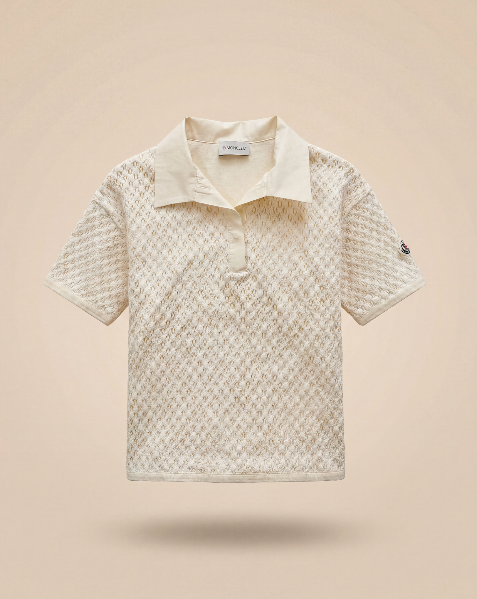 Polo Moncler enfant maille ajourée ivoire col tissé patch logo – Taille 10 ans