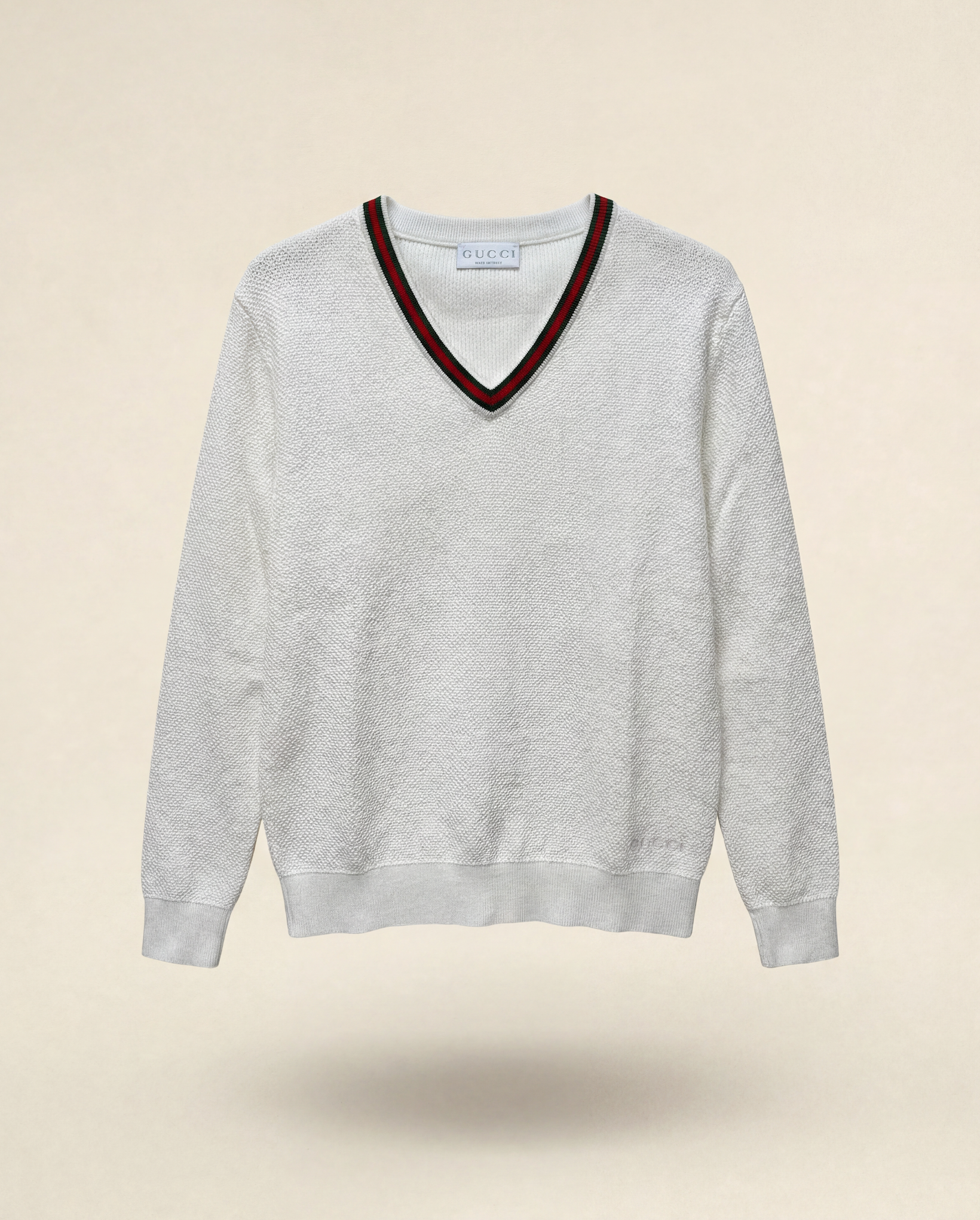 Pull Gucci garçon coton ivoire col V bande Web rouge et vert – Taille 10 ans-1