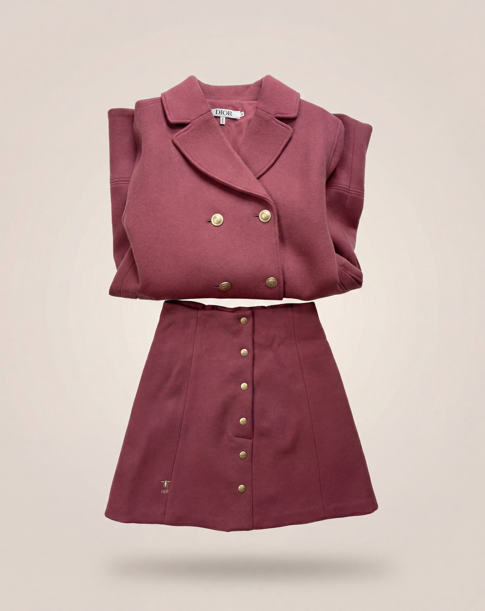 Ensemble Dior enfant caban croisé + jupe trapèze vieux rose – boutons dorés abeille – 12 ans