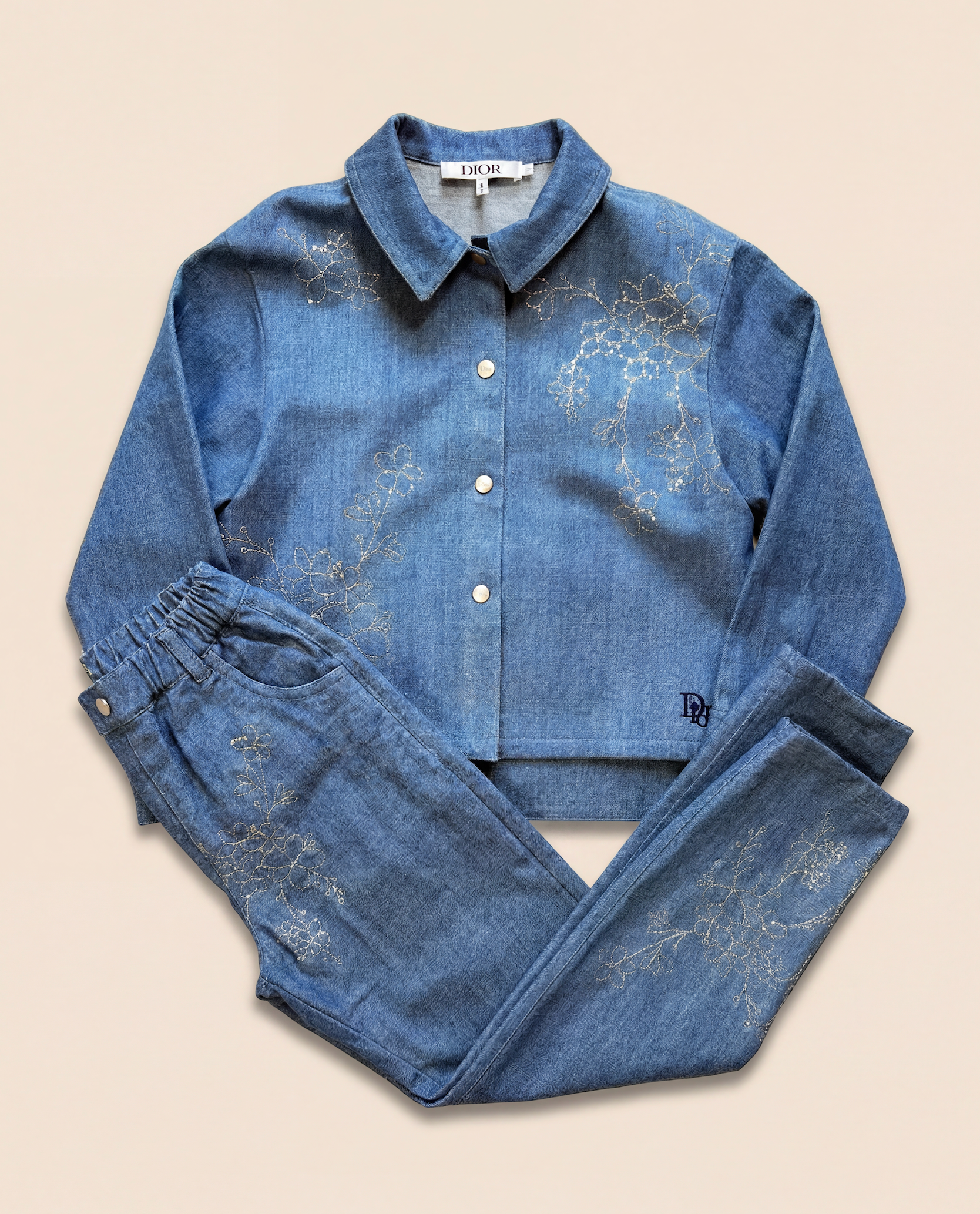 Ensemble jean Dior enfant broderies florales dorées – veste + pantalon – 10 ans-1