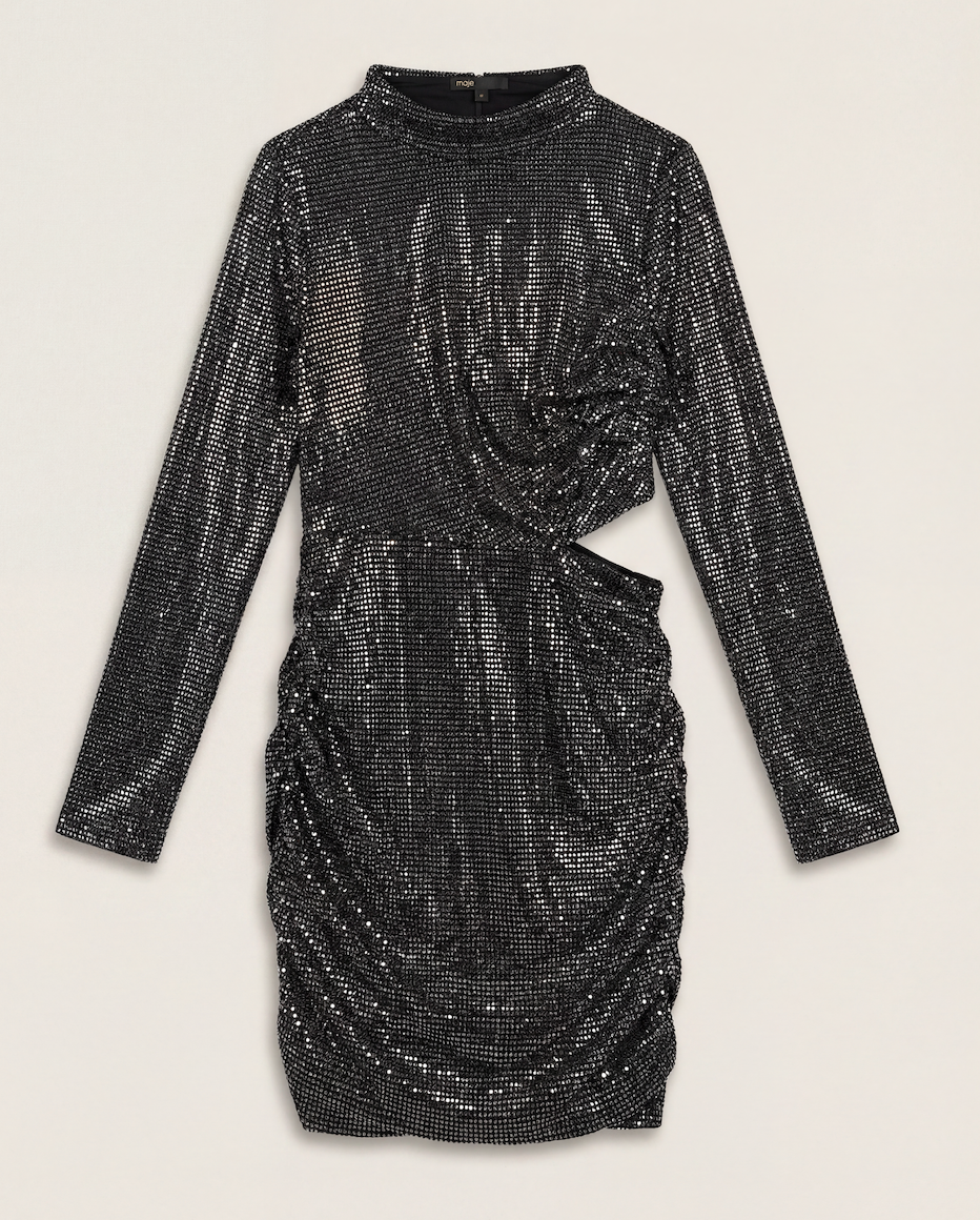 Robe Maje paillettes argentées col montant découpe latérale – T.40 – Neuve