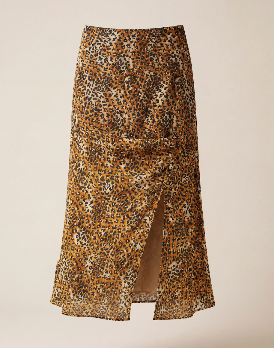 Jupe midi léopard Maje viscose évasée fente – T.34 – Neuve
