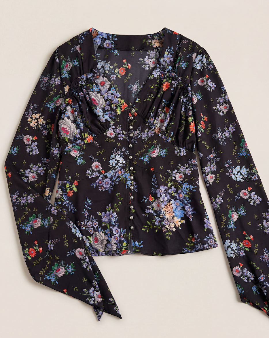 Blouse Paco Rabanne satin noir floral Liberty biais – T.38 – Neuve