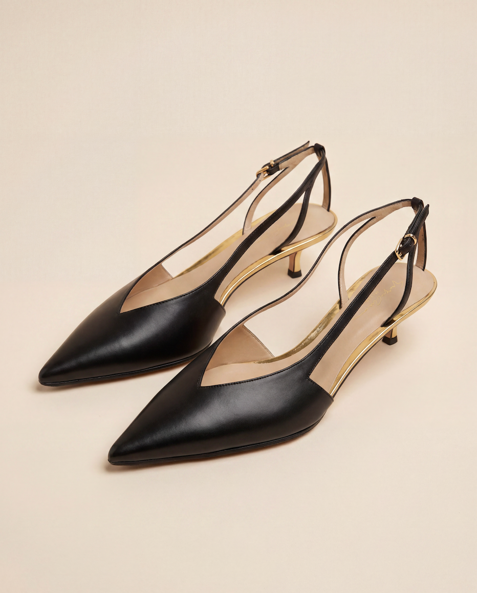 Escarpins Giorgio Armani cuir veau noir empiècements miroir argenté découpes – T.42