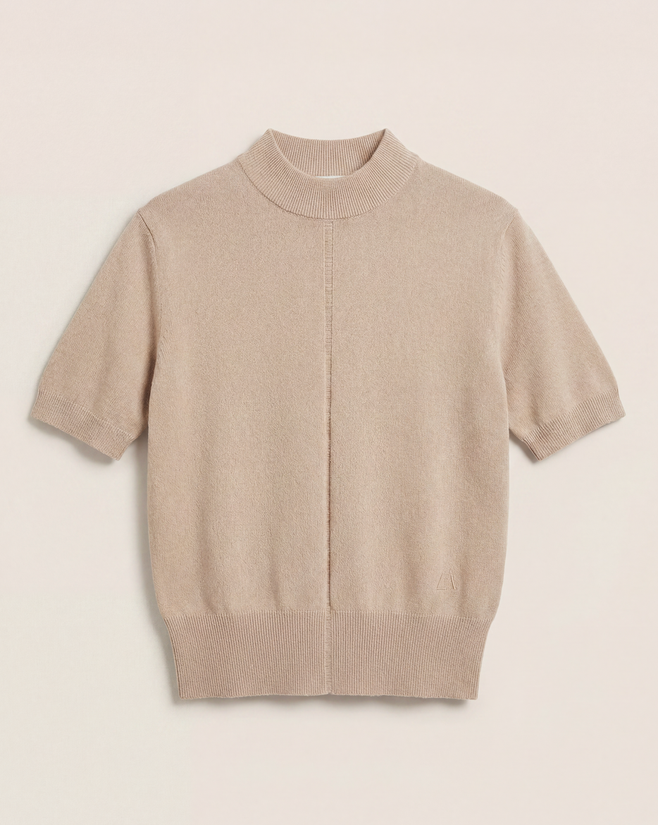 Pull manches courtes Akris 100% cachemire beige col montant ligne sheer – T.40-1