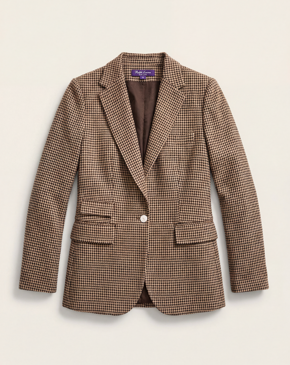 Blazer Ralph Lauren Purple Label Prince-de-Galles camel brun soie lin laine – T.44-1