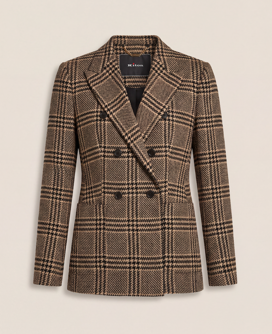 Blazer Kiton double-boutonnage soie cachemire Glen Plaid camel noir boutons corne – T.48-1