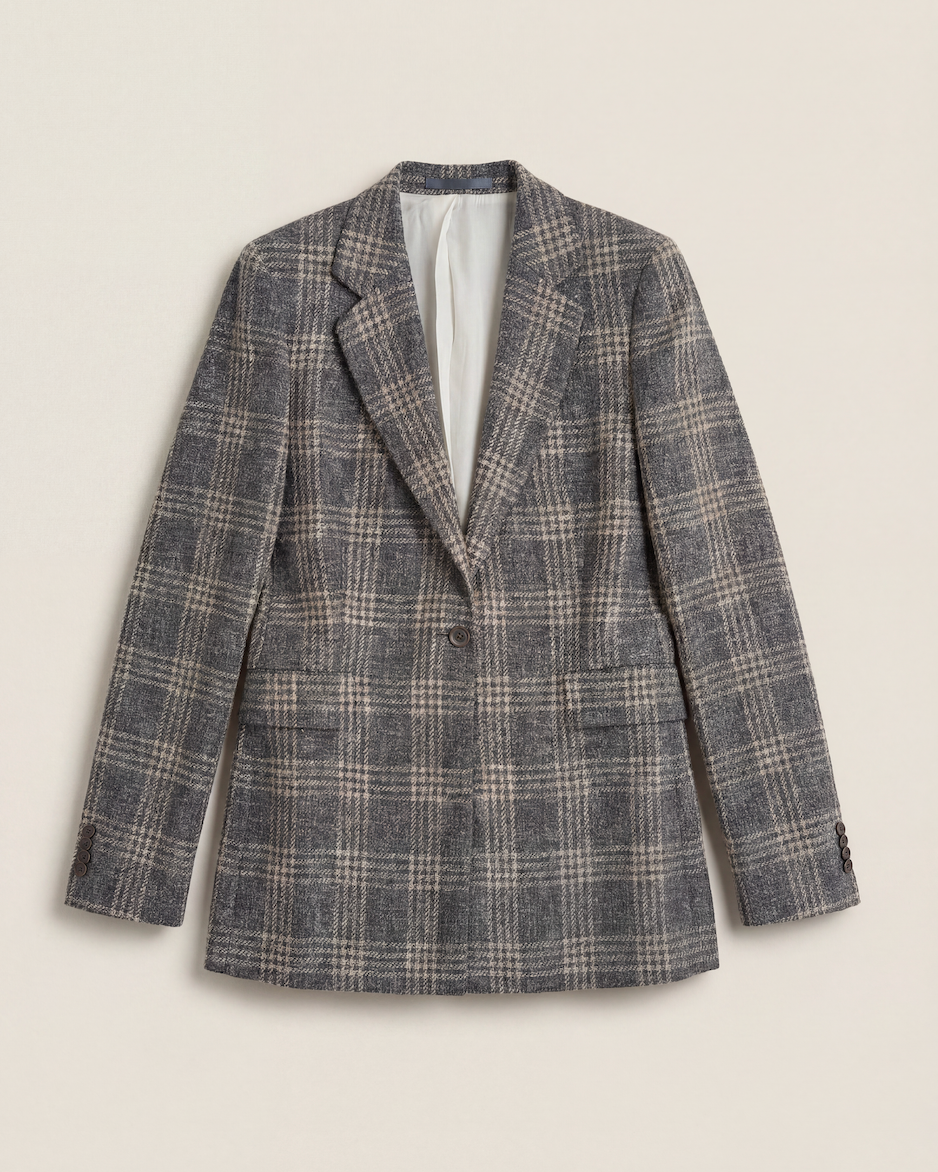 Blazer Crisoni Monte-Carlo baby alpaca Ferla carreaux gris écru revers cranté – T.42