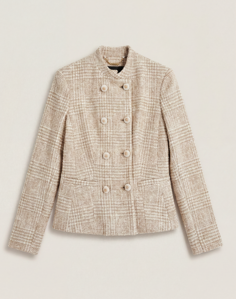 Veste Kiton tweed bouclé beige écru fils nacrés col officier boutons perles – T.42-1