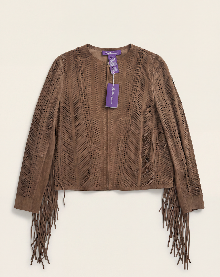 Veste Ralph Lauren Purple Label Christie daim agneau taupe franges tressé chevron – T.L-1