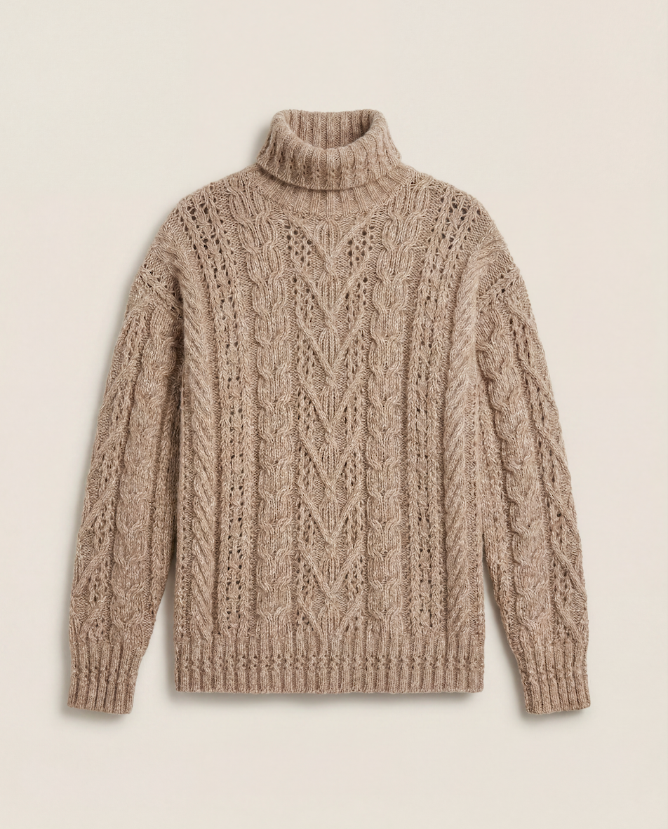 Pull col roulé Ralph Lauren Purple Label torsadé ajouré beige chiné oversize – T.M-1