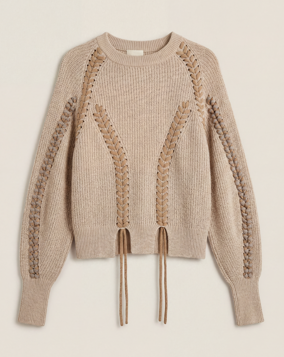 Pull Mes Demoiselles Tamami laine beige sable côtelé tressé lacet manches raglan – T.1