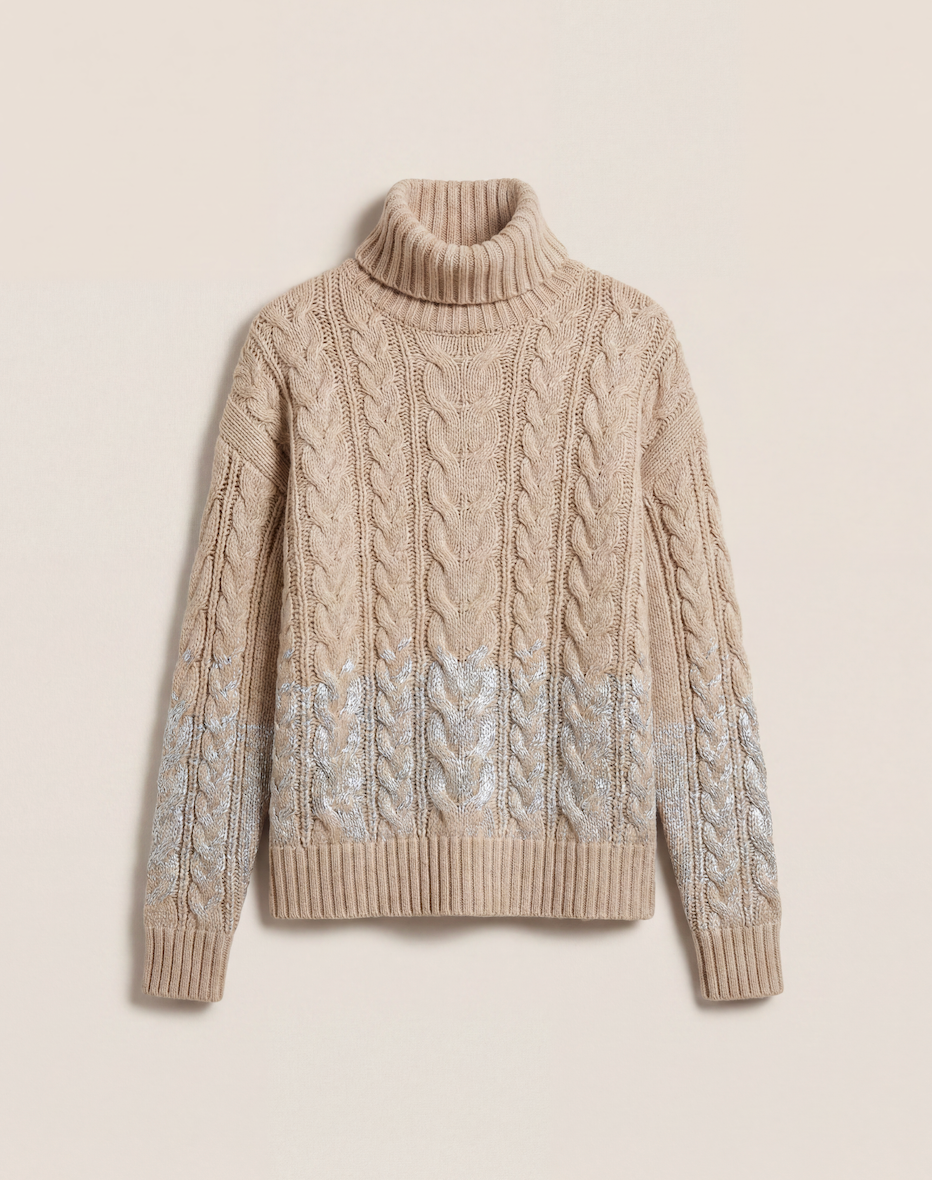 Pull col roulé Ralph Lauren Purple Label torsadé taupe dégradé argenté oversize – T.L-1