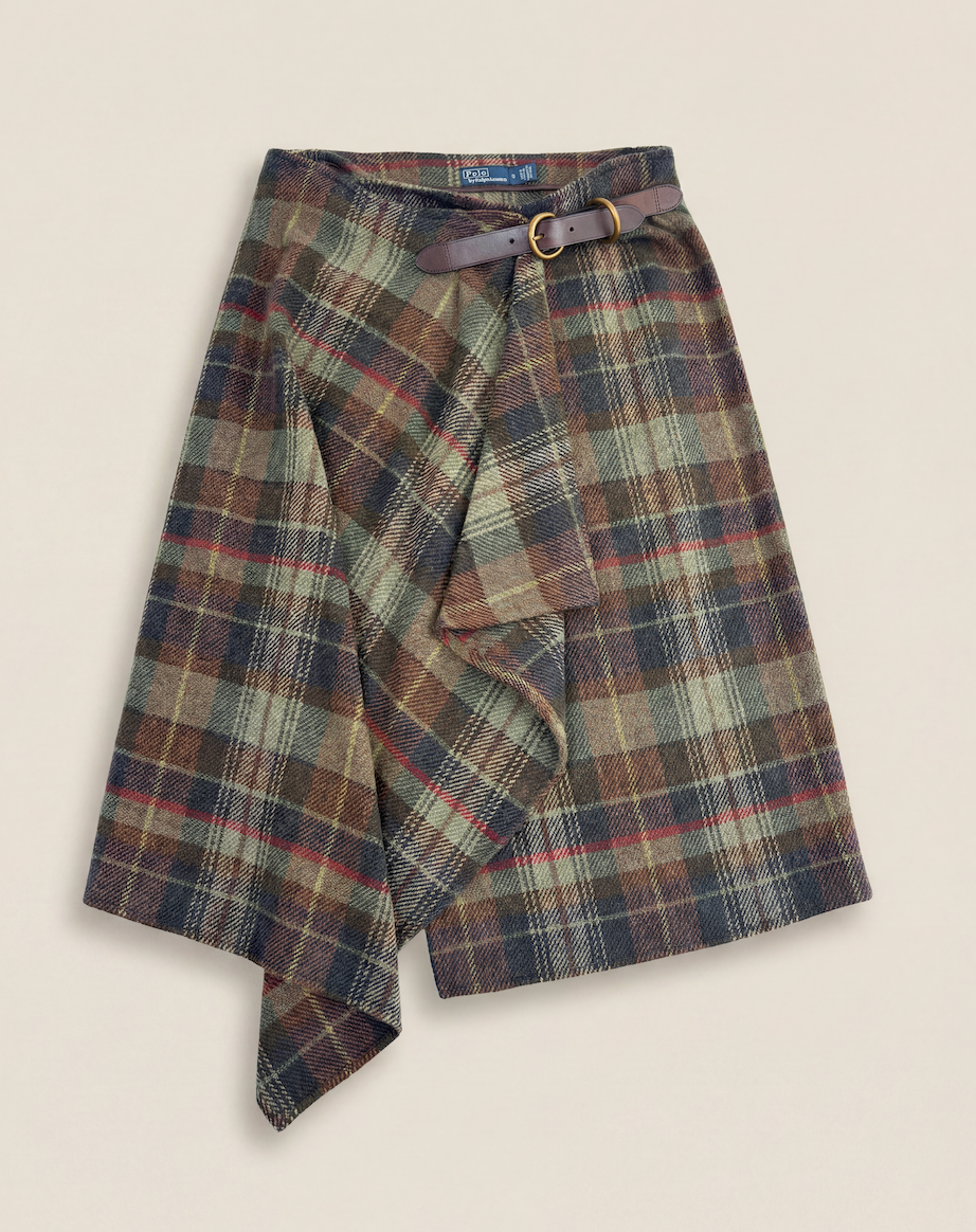 Jupe portefeuille Polo Ralph Lauren tartan écossais kaki brun silhouette cascade – T.40-1