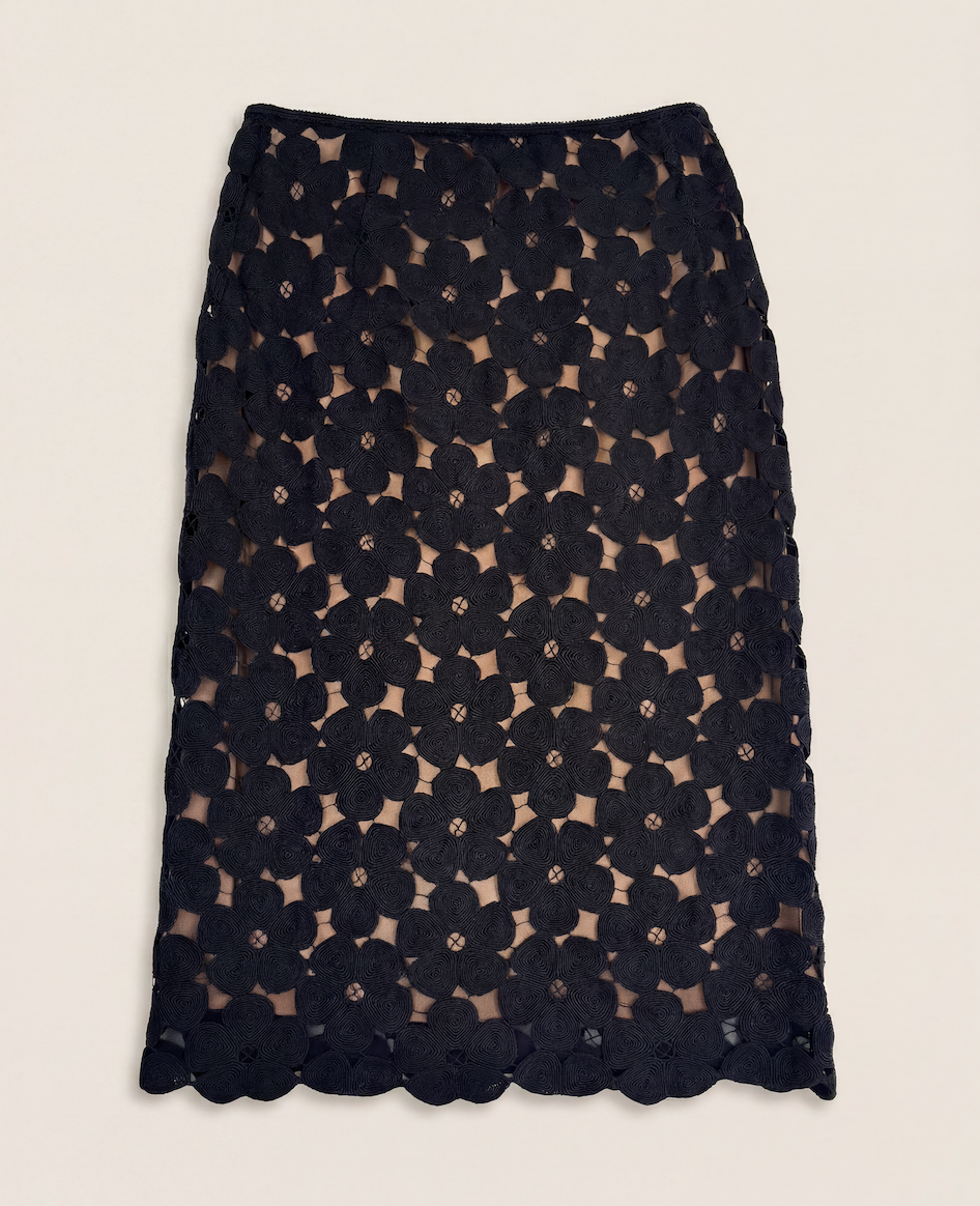 Jupe Akris mi-longue dentelle guipure noire cercles spiralés tulle nude bordure festonnée – T.38-1