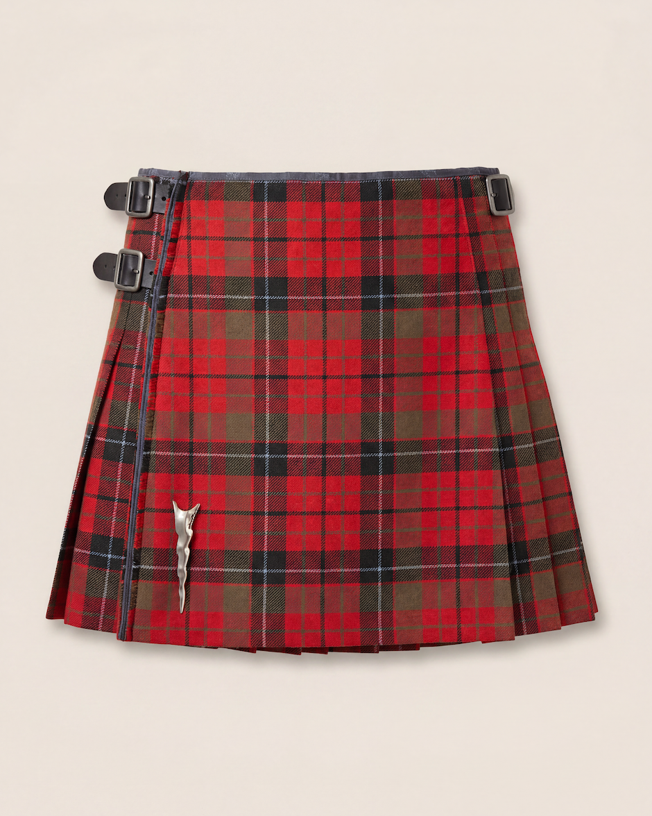 Kilt Harris Tweed 100% laine vierge tartan rouge kaki noir sangles cuir – T.38