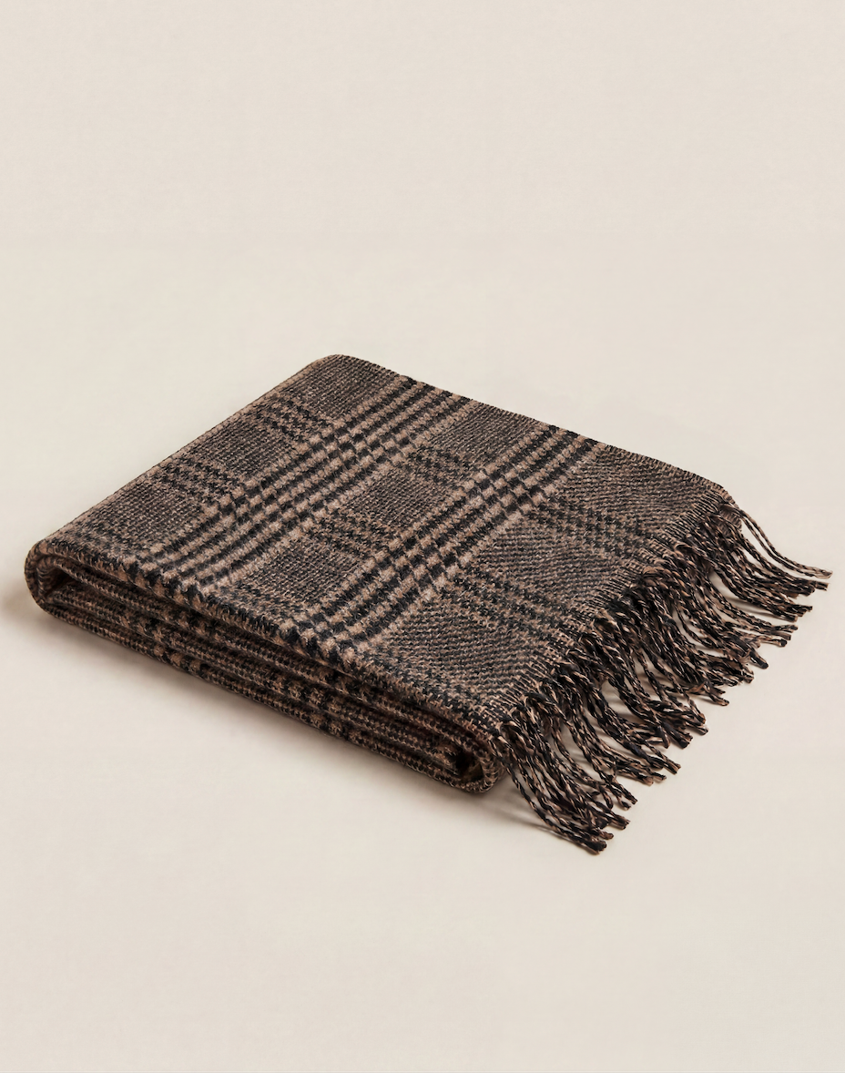 Écharpe Kiton soie cachemire Glen Plaid camel noir franges tressées – 170×47 cm-1