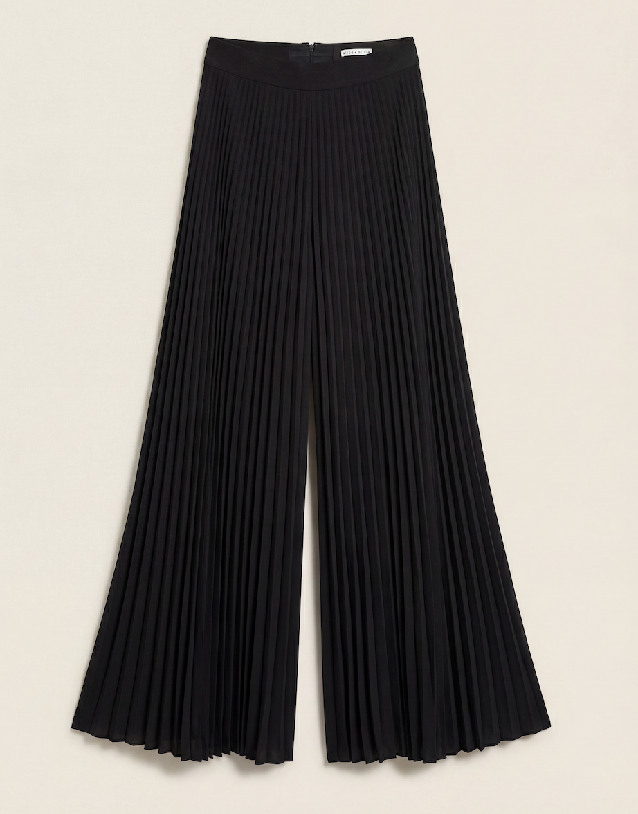 Pantalon Alice + Olivia Copen crêpe noir palazzo plissé taille haute élastiquée – T.38-1