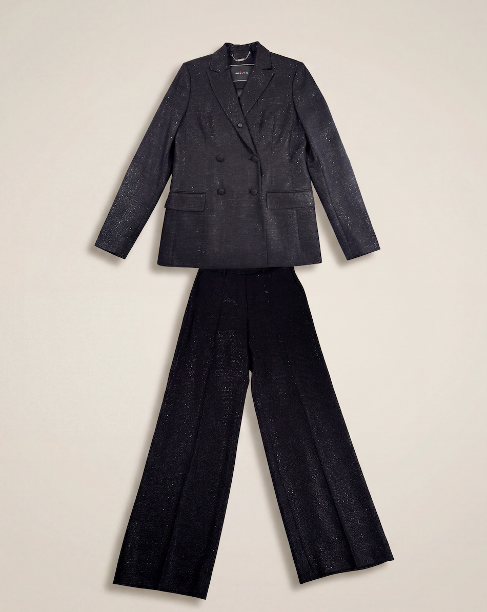 Tailleur laine vierge pailletée noire blazer double boutonnage & pantalon large – Kiton – Taille 40-1