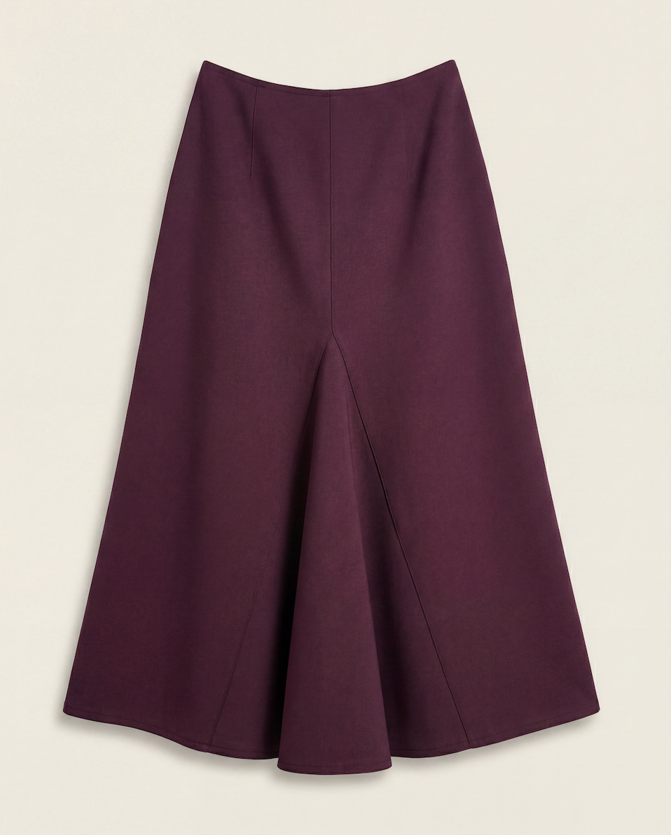 Jupe midi évasée crêpe prune coutures en V godets coupe architecturale – DidierAngelo – Taille 38/40-1