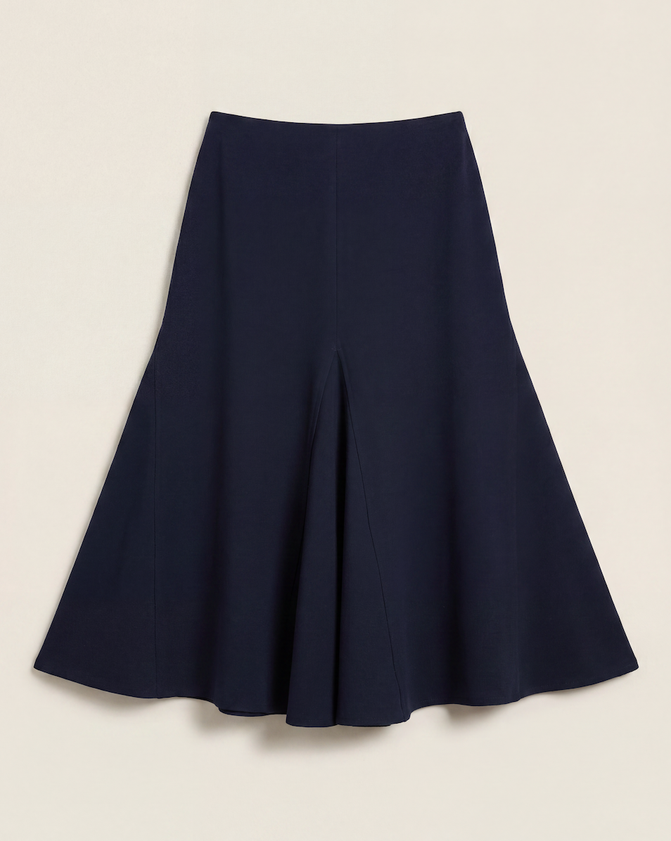 Jupe midi évasée crêpe bleu marine coutures en V godets – DidierAngelo – Taille L-1