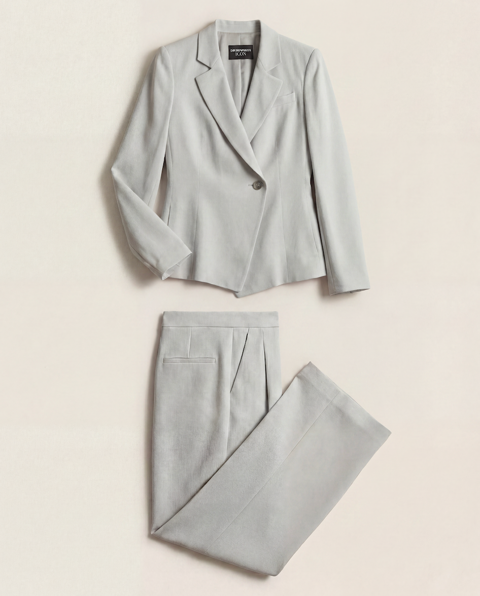 Tailleur blazer cintré & pantalon large gris perle texturé ligne Icon – Emporio Armani – T.42/40