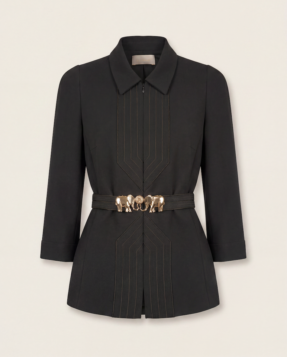Veste kaki plastron surpiqûres dorées avec ceinture éléphants – Elie Saab – Taille 38-1