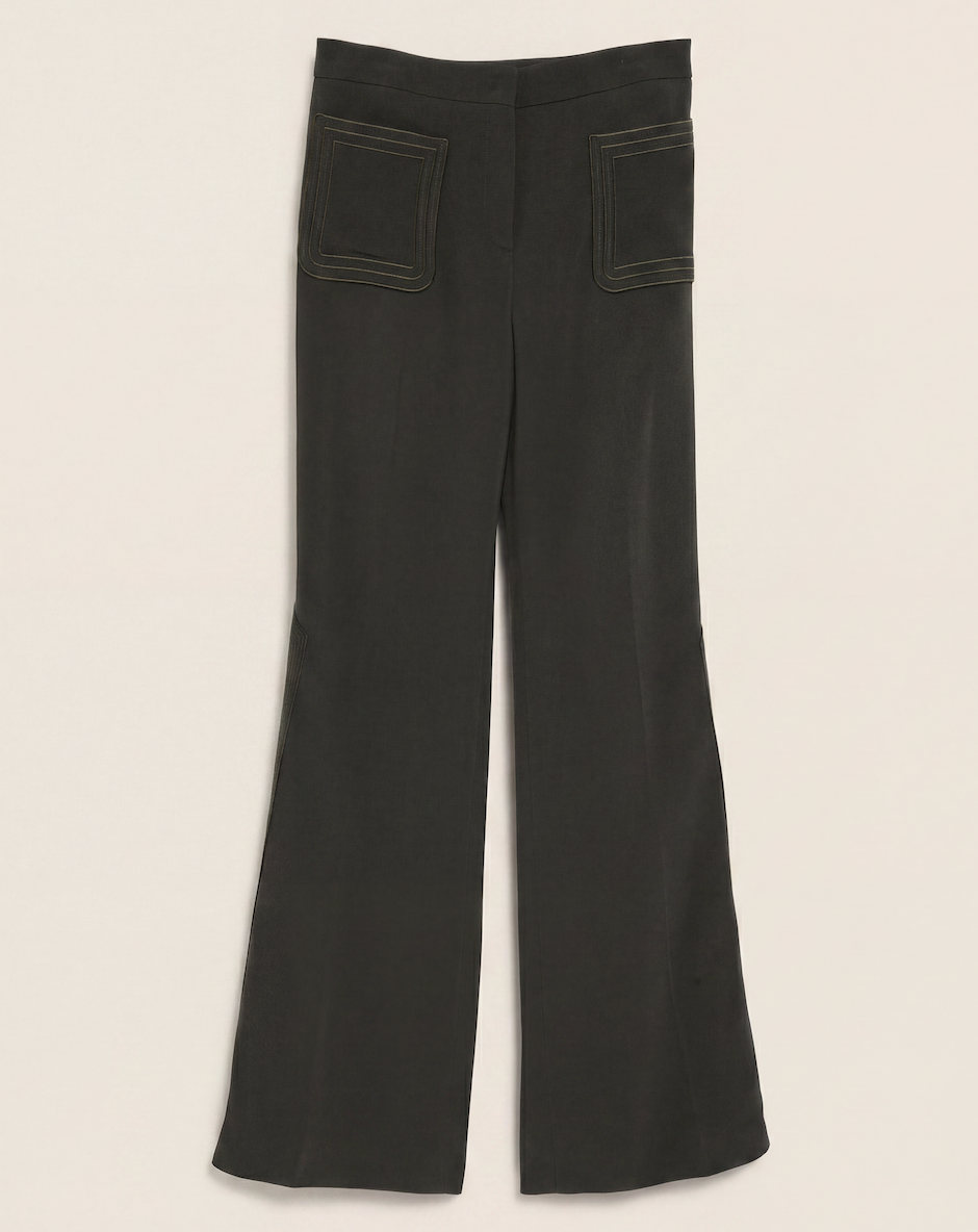 Pantalon évasé kaki avec surpiqûres géométriques – Elie Saab – Taille 38-1