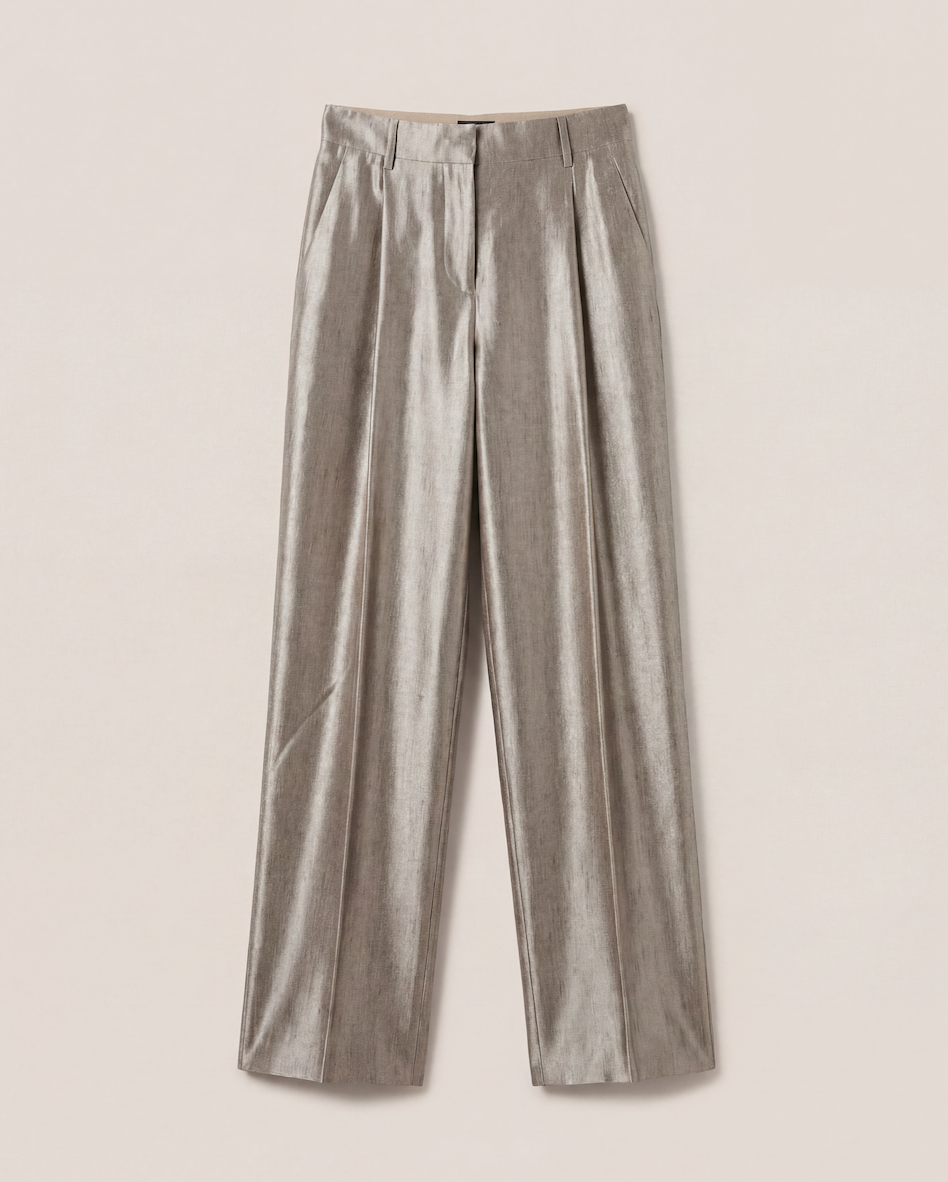 Pantalon à pince taille haute en soie tussah doré – Giorgio Armani – Taille 40