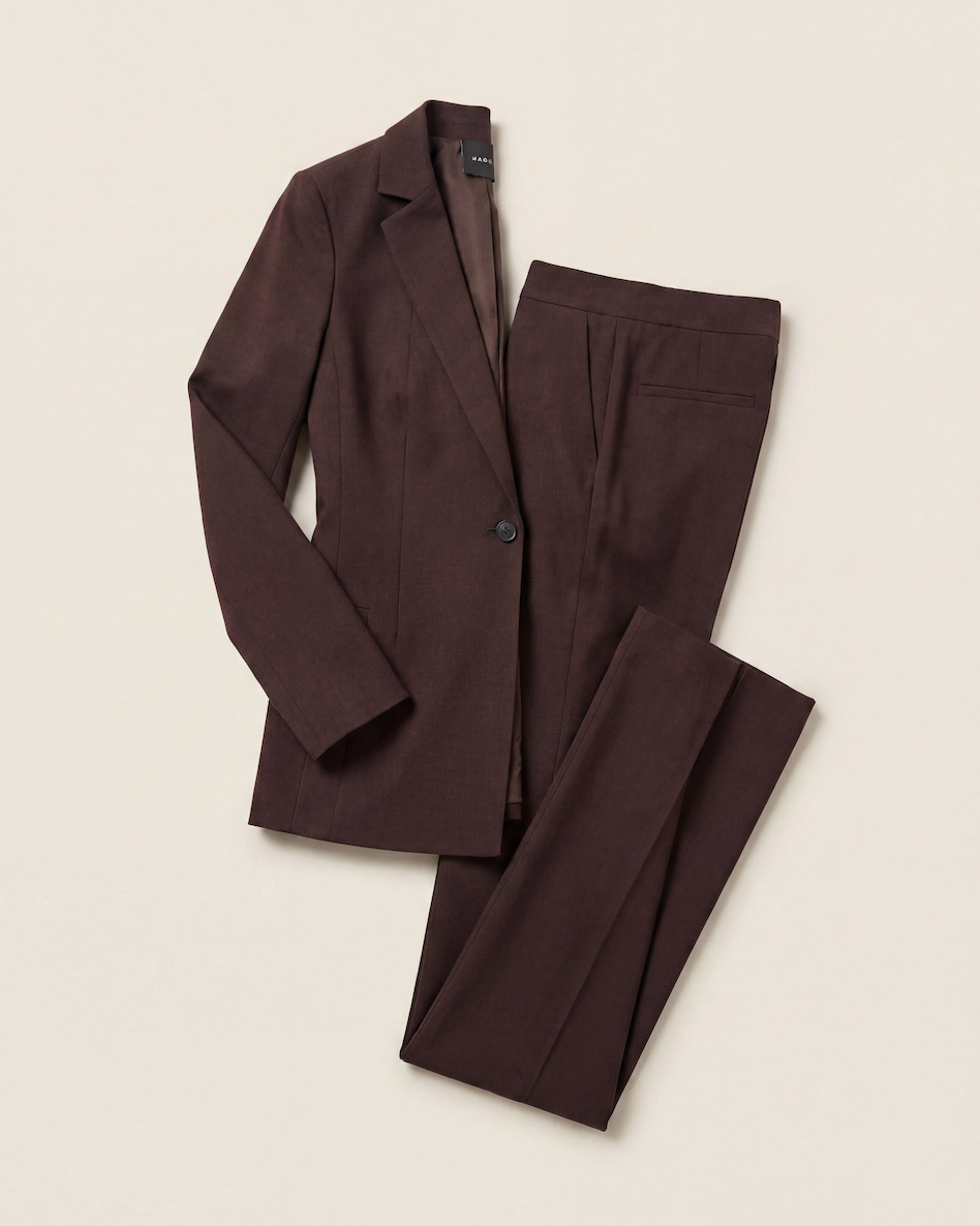 Ensemble Akris marron chocolat – Blazer et pantalon flare – Tailles 44/40-1