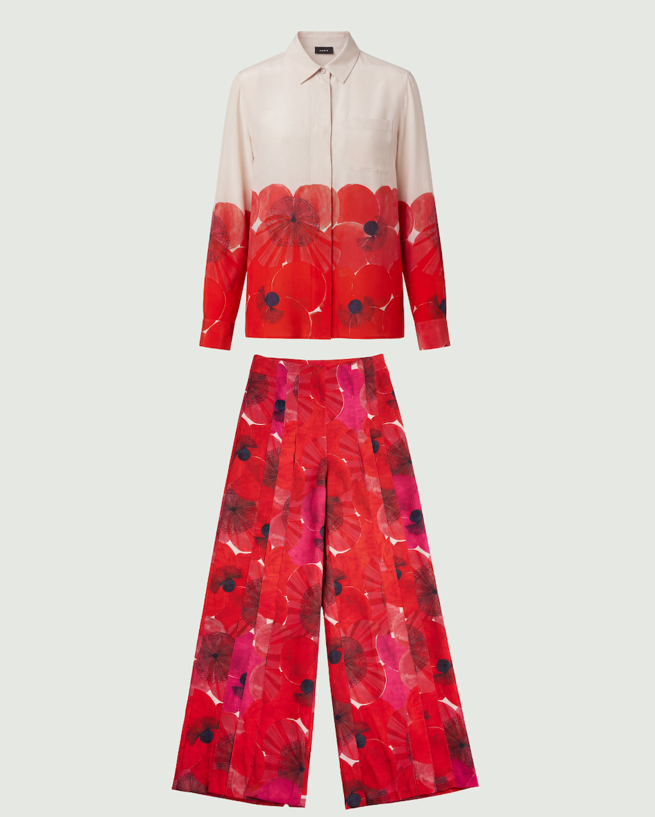 Ensemble Akris imprimé coquelicots – Blouse et pantalon Florine – Tailles 42/38