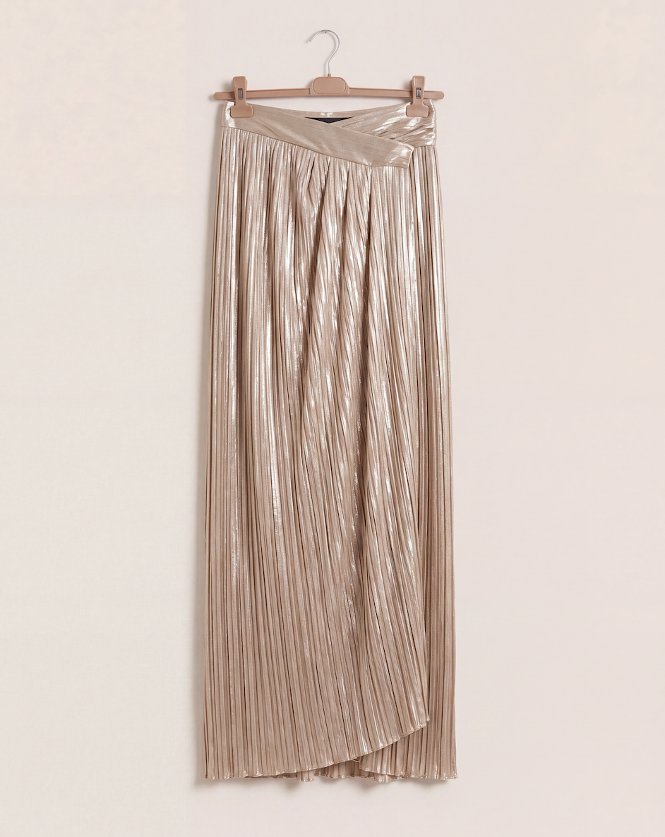Jupe longue Ralph Lauren Collection Purple Label Duvall plissée métallisée champagne – T.38-1
