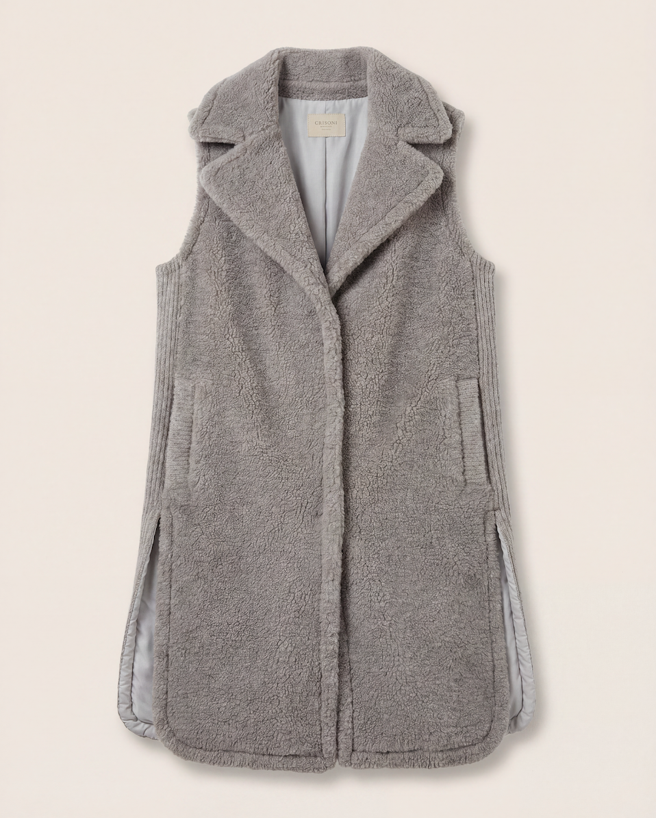 Manteau sans manches en laine bouclée taupe – Crisoni – Taille L-1