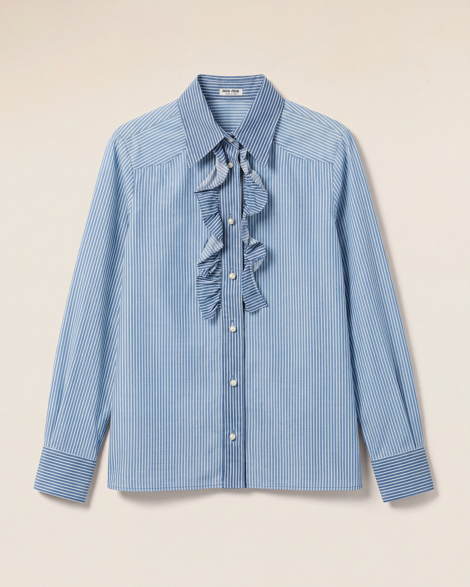 Chemise en popeline de coton rayée à volants – Miu Miu – Taille 38-1