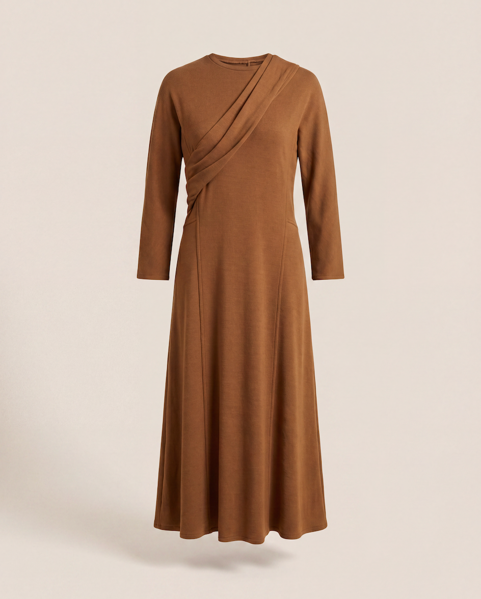 Robe longue drapée en maille marron – Taille L-1