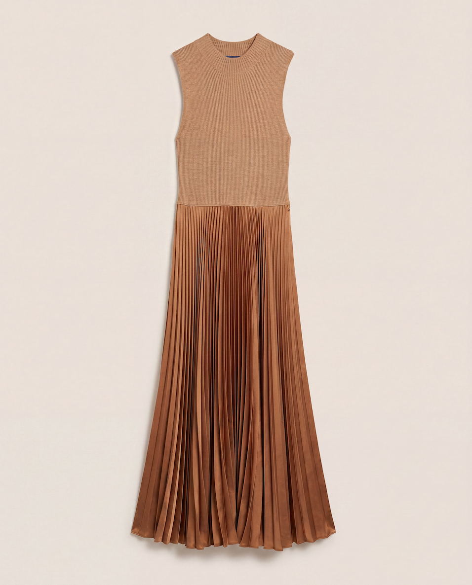 Robe longue en laine mélangée camel plissée – Polo Ralph Lauren – Taille L