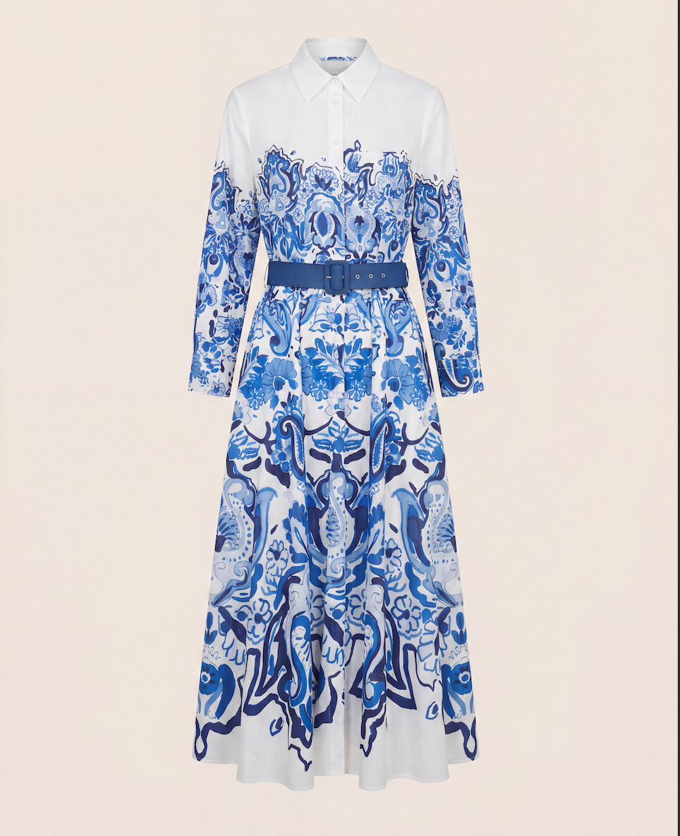 Robe Sara Roka en coton imprimé bleu et blanc – Taille 42-1