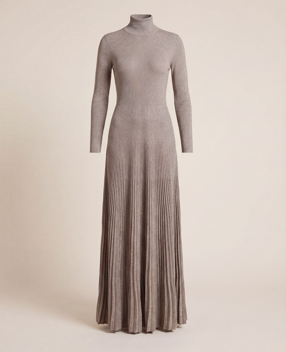 Robe longue plissée en maille métallisée taupe - Ralph Lauren  – Taille L-1