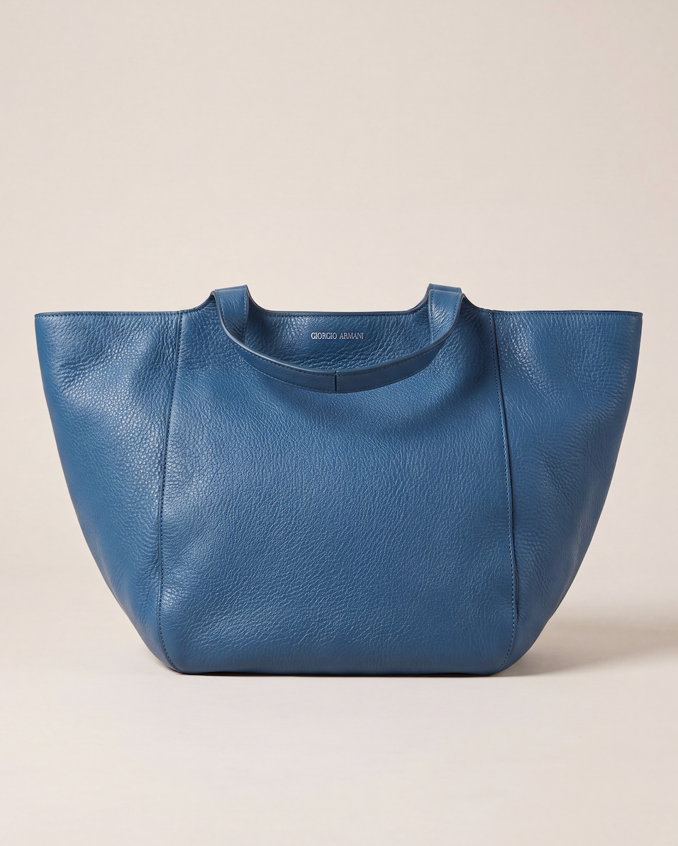 Sac cabas Giorgio Armani cuir grainé bleu pétrole bandoulière amovible-1