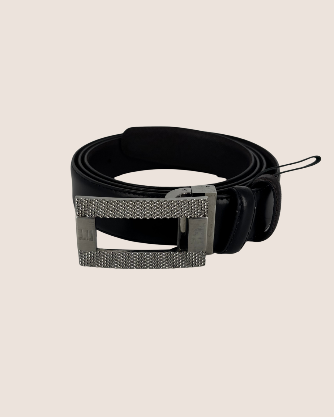 Ceinture Dunhill en cuir noir boucle argentée texturée – Taille 110-1