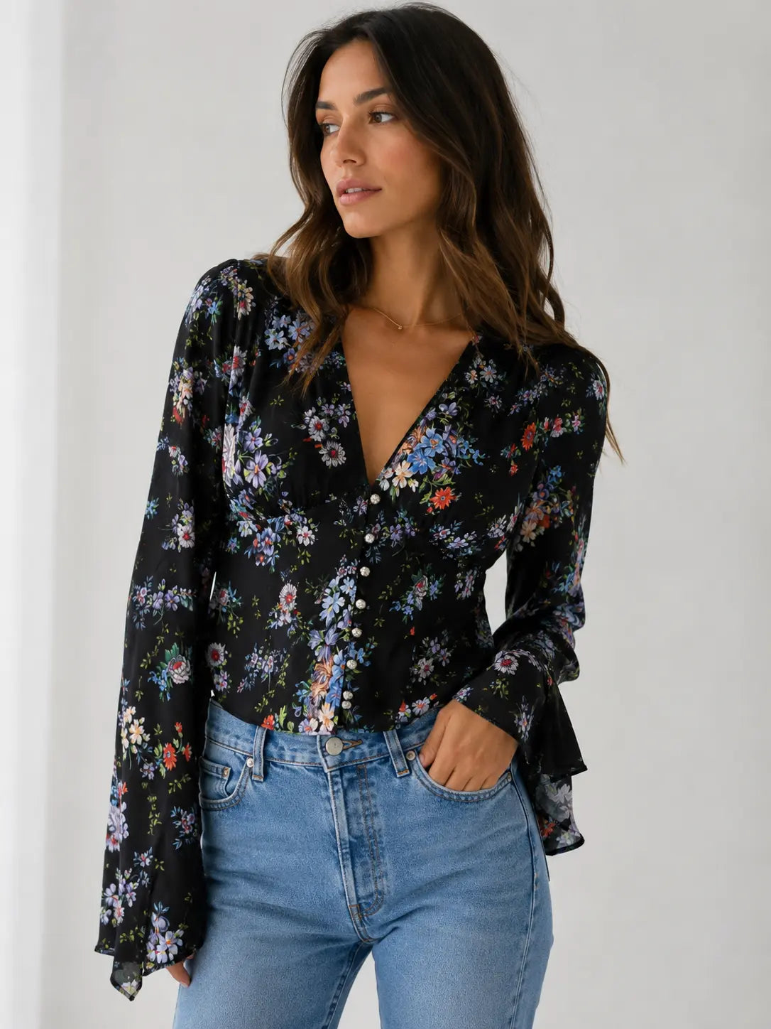 Blouse Paco Rabanne satin noir floral Liberty biais – T.38 – Neuve Rabanne
