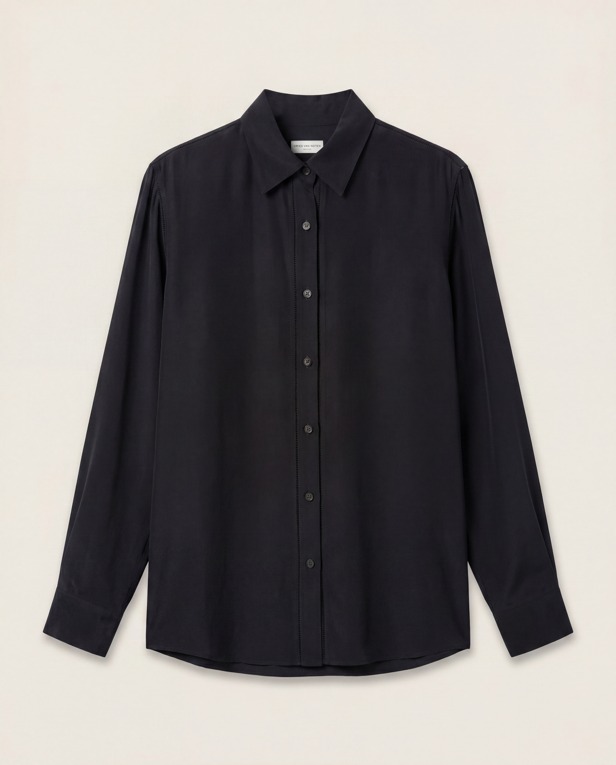 Chemise Dries Van Noten Casio viscose satinée noire col évasé coupe cocon surpiqûres – T.40
