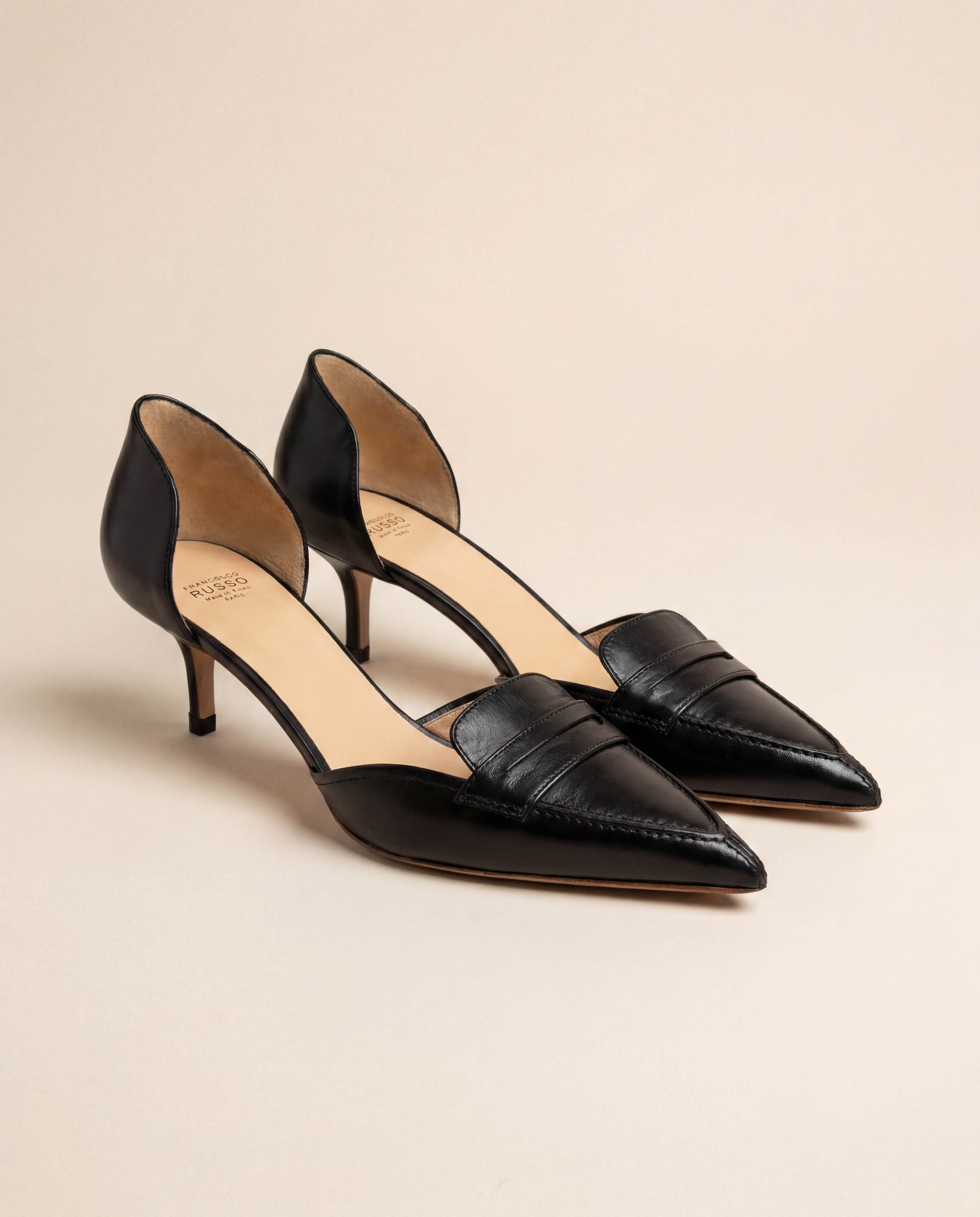 Escarpins Francesco Russo Dorsay cuir veau noir bout pointu entaille penny – T.41,5
