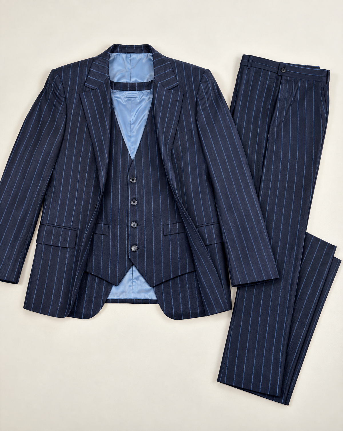 Costume trois pièces Smalto laine et cachemire rayé bleu marine – Taille 56-1