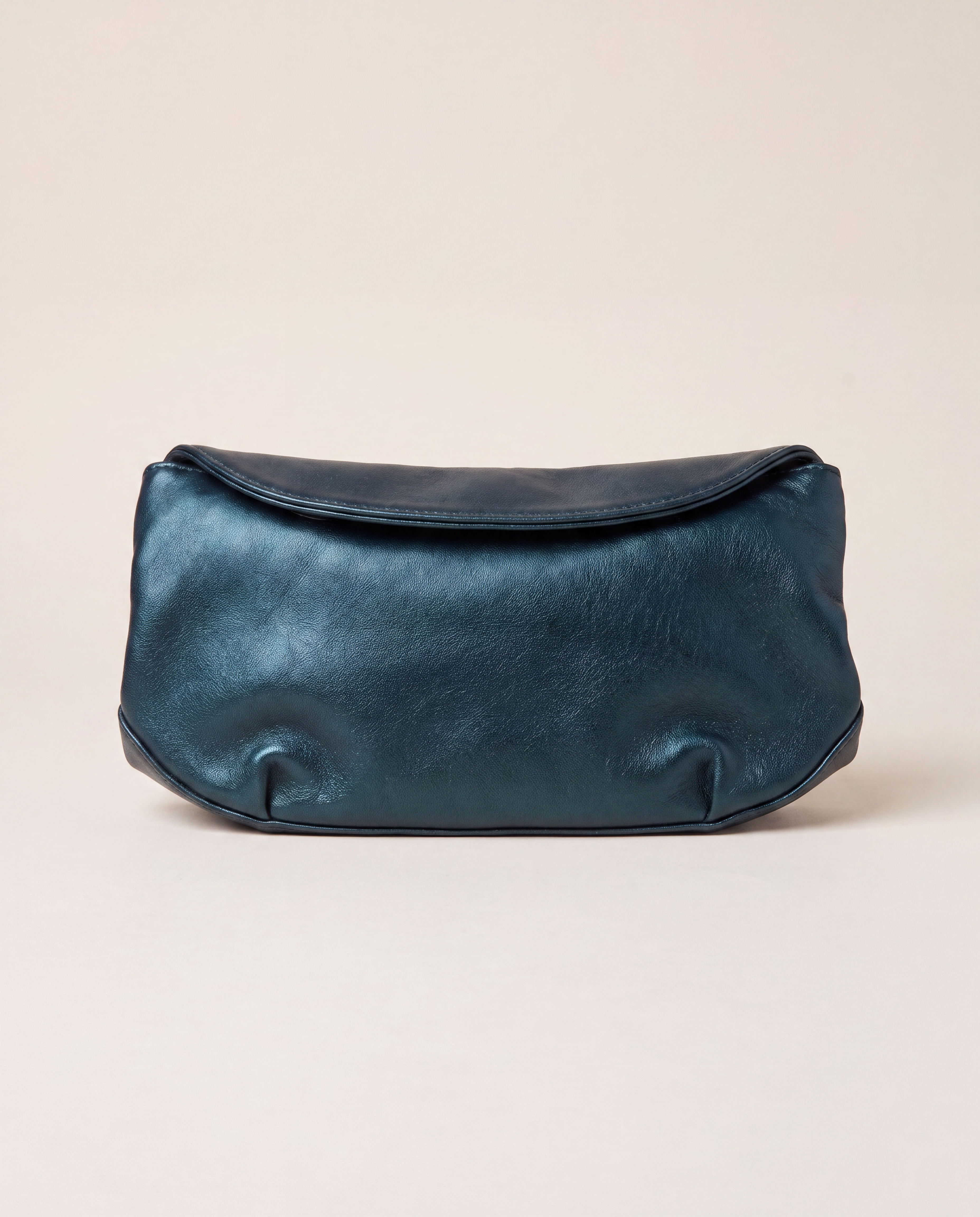 Pochette Akris cuir grainé bleu-vert canard rabat – 20x10 cm-1