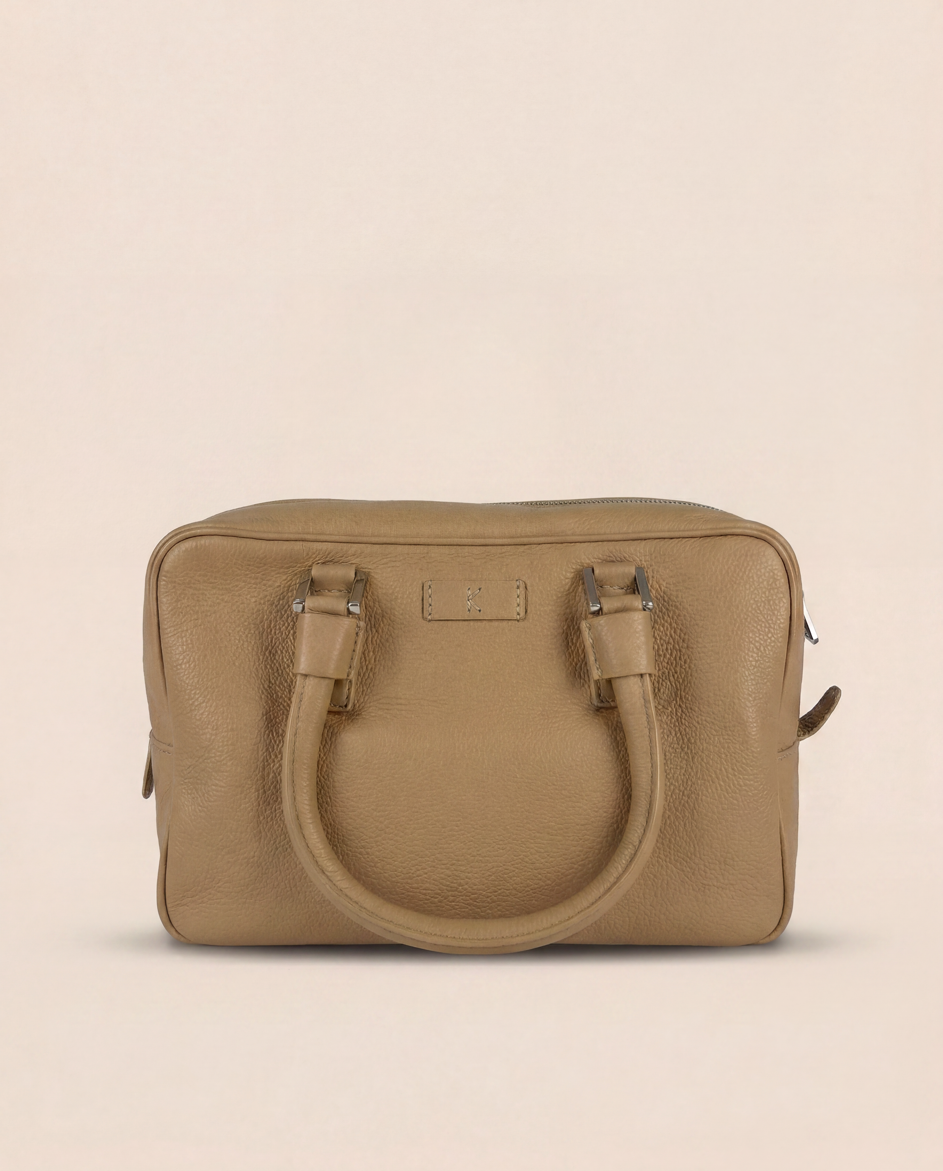 Sac Kiton cuir grainé beige sable format bowling double poignée – 29 × 16 cm