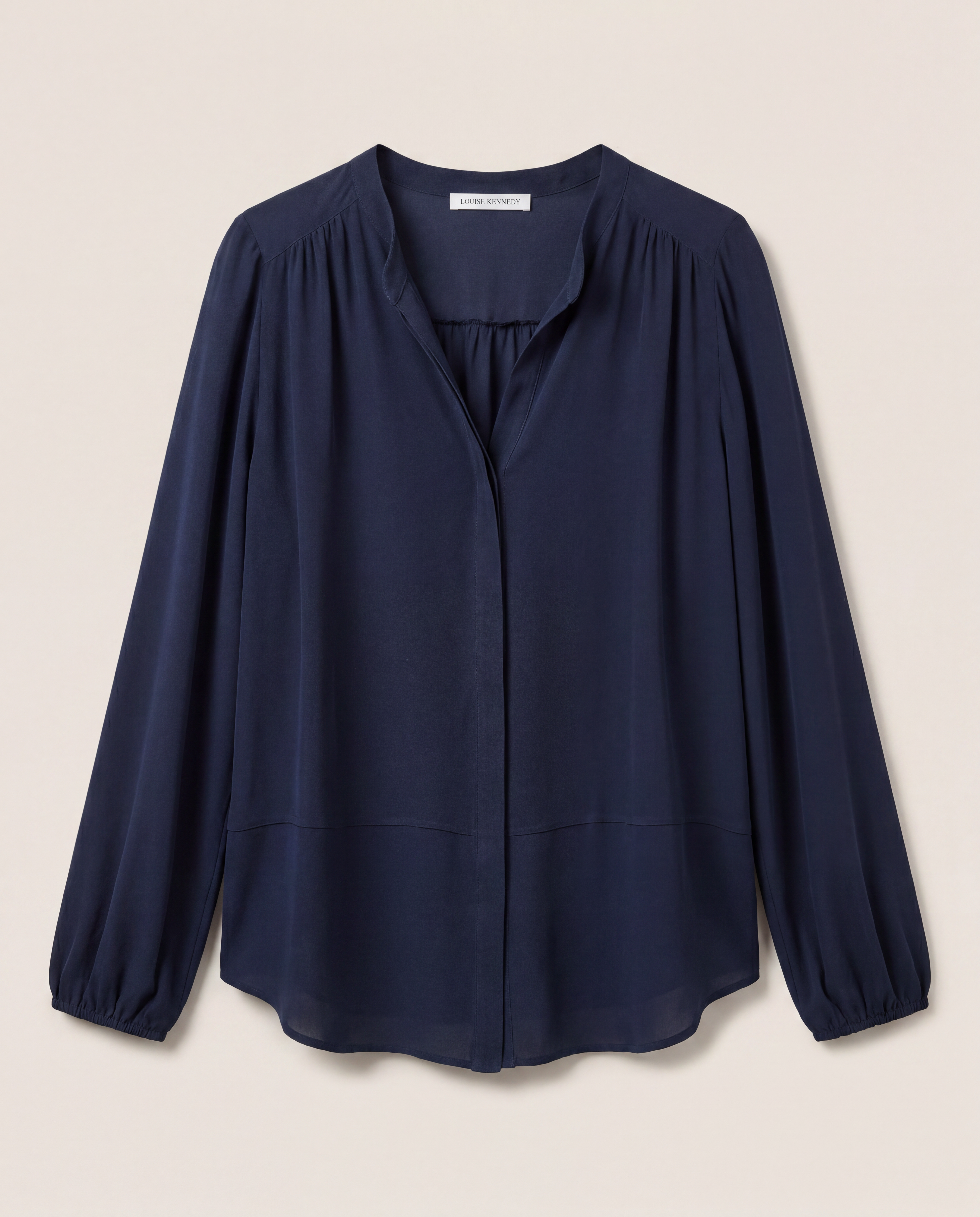Blouse Louise Kennedy crêpe georgette bleu marine col tunisien manches ballon – T.L-1