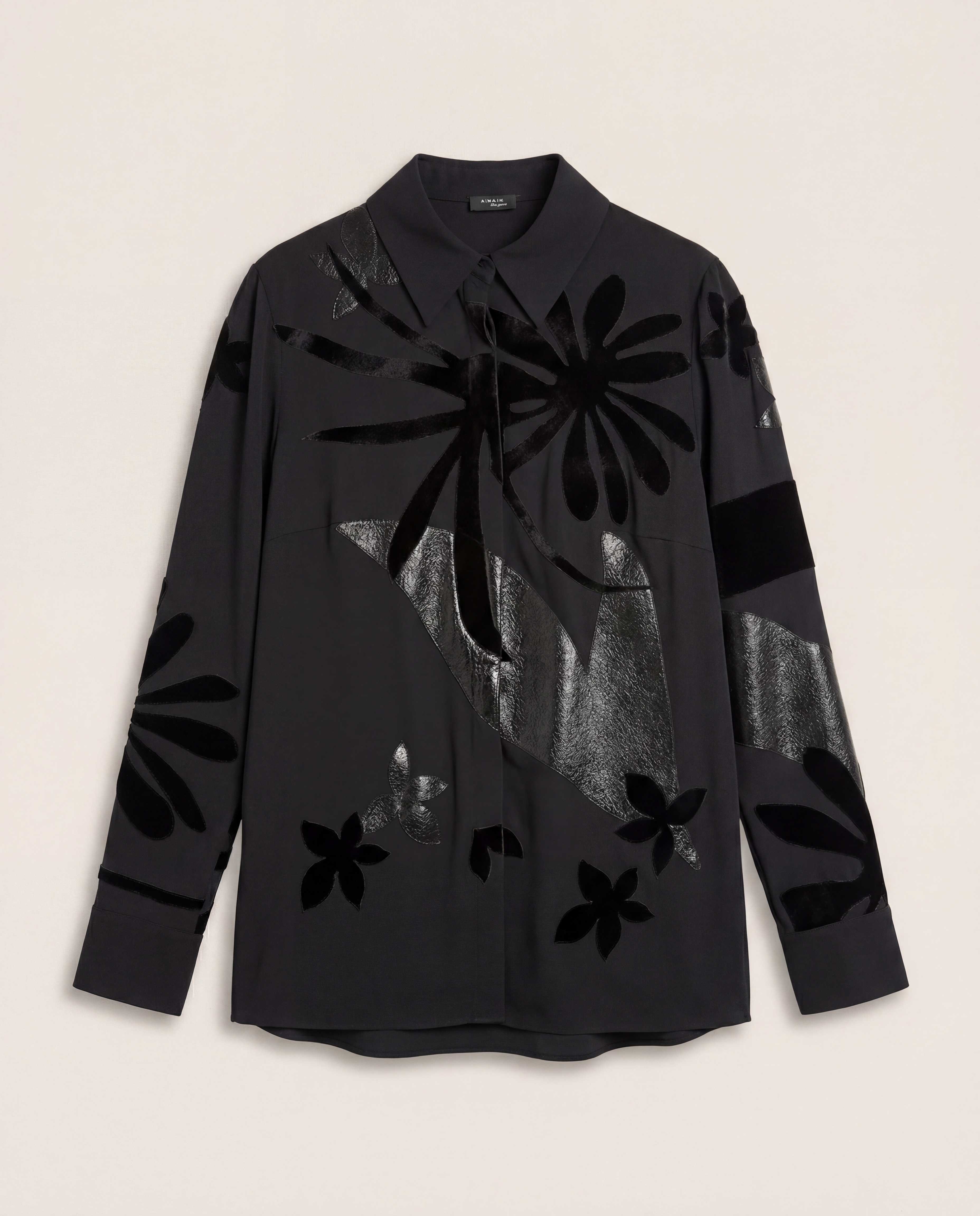 Blouse Akris soie crêpe collection Abraham Flowers floral archives empiècements cuir – T.44