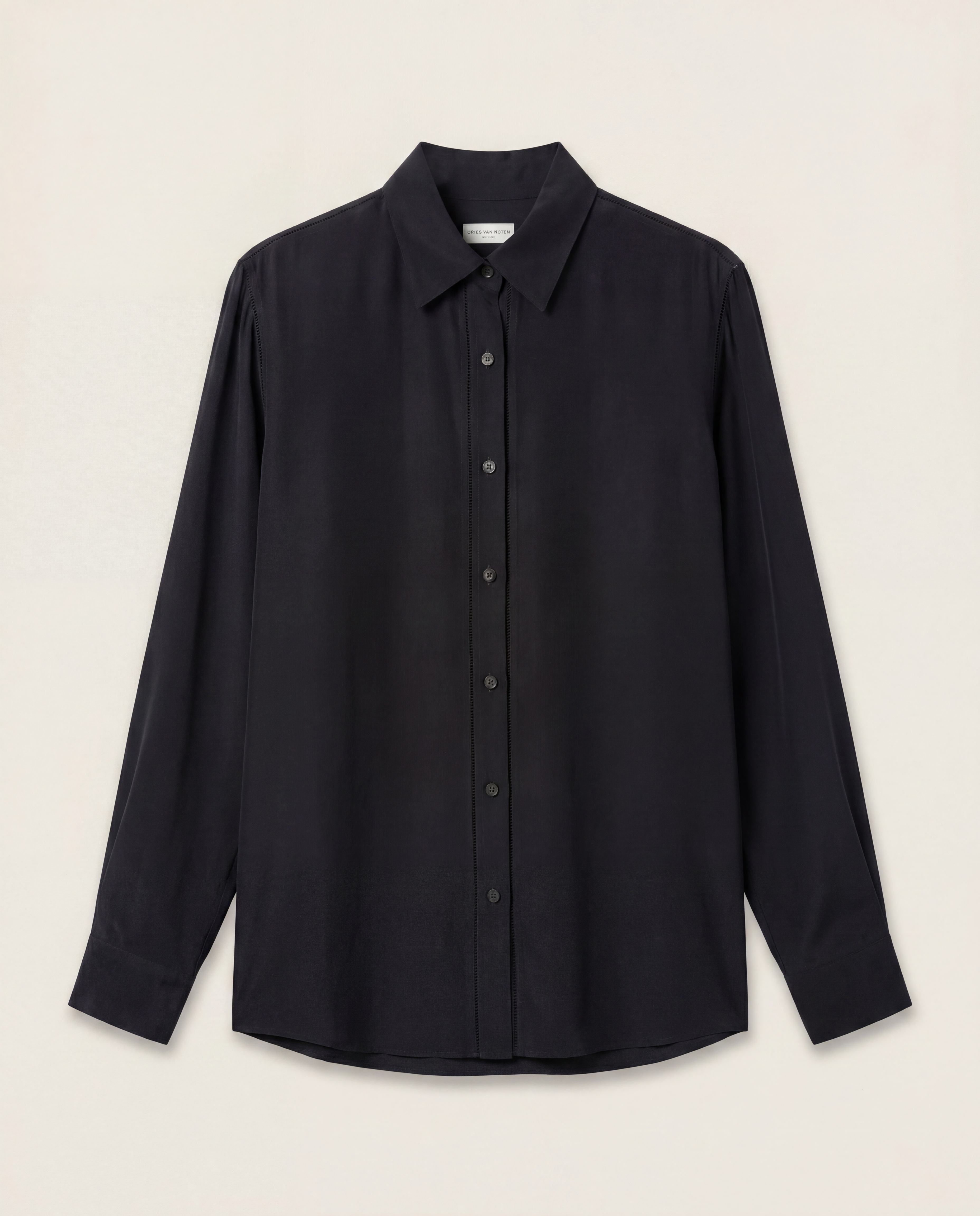 Chemise Dries Van Noten Casio viscose satinée noire col évasé coupe cocon surpiqûres – T.40