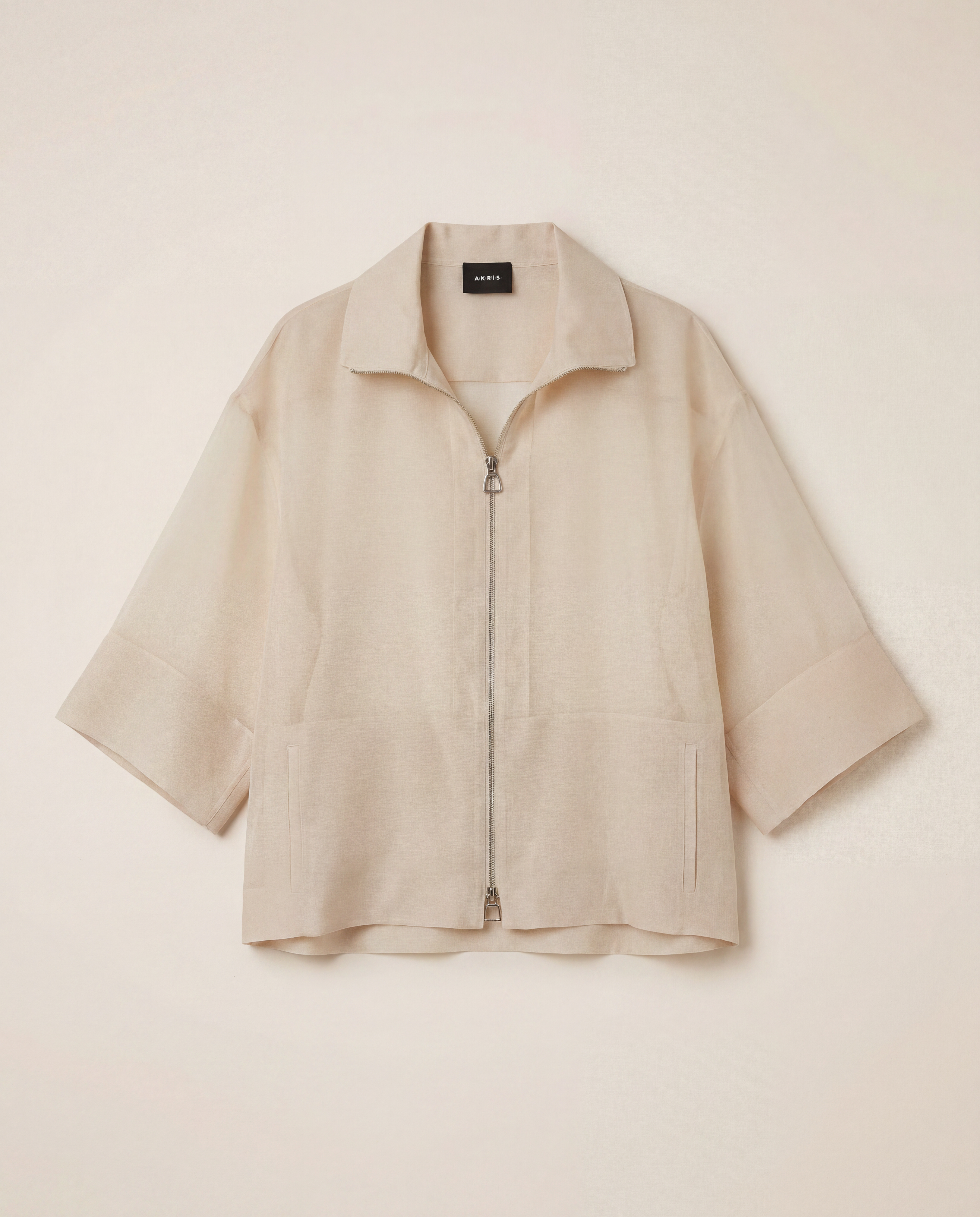 Veste Akris Philia organza soie pure ivoire col chemise manches bracelet zip argenté – T.40-1